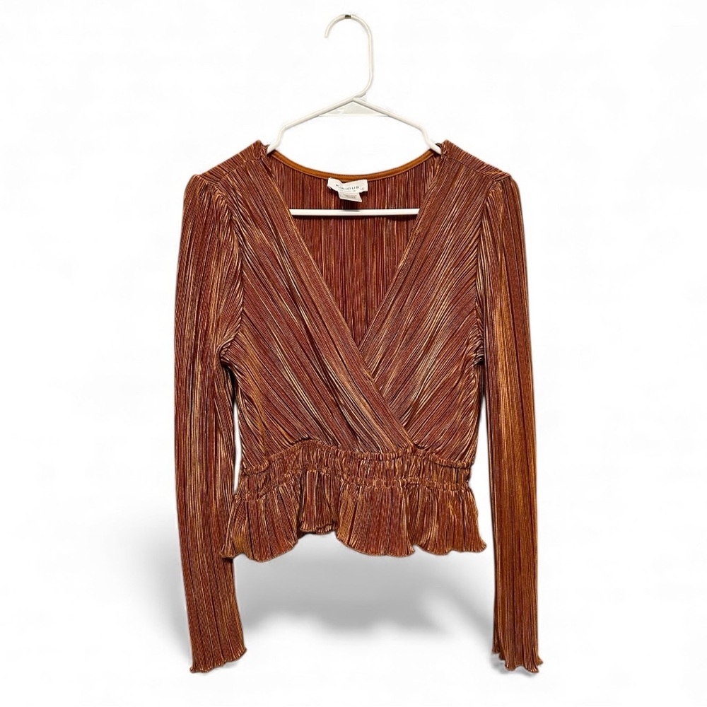 Kirious Metallic Bronze Pleated Women's Long Sleeve Blouse Size Large